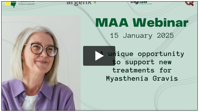 Promotional image for the MAA Webinar held on 15 January 2025, titled 'A unique opportunity to support new treatments for Myasthenia Gravis'. The image features a smiling woman with grey hair and glasses wearing a purple shirt.