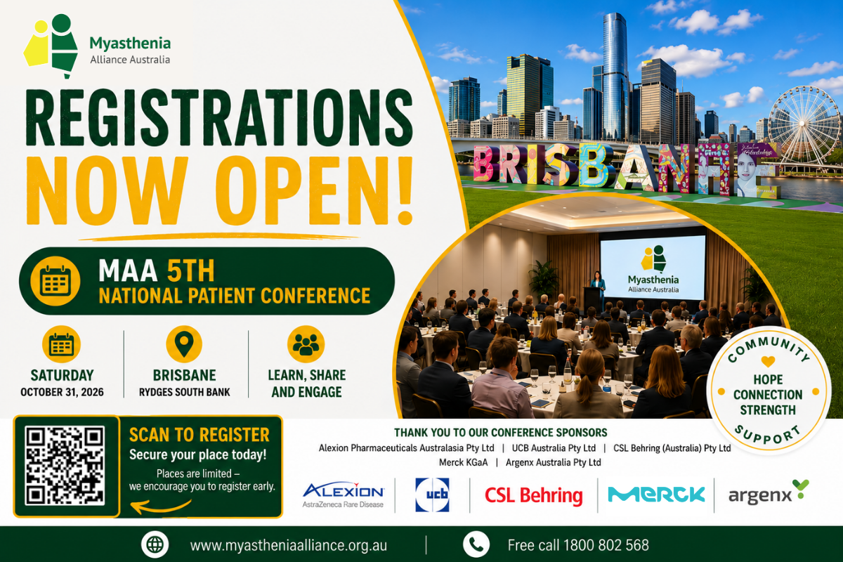 Registrations now open for the Myasthenia Alliance Australia 5th National Patient Conference at Rydges South Bank, Brisbane on 31 October 2026.