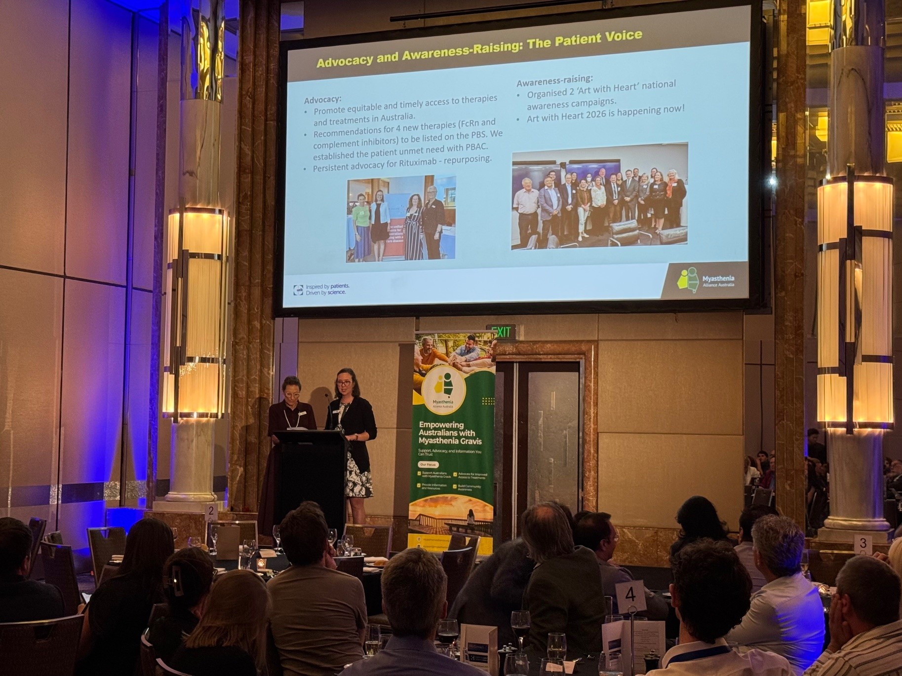 Susan White and Natalie Windle presenting at the UCB Australia dinner