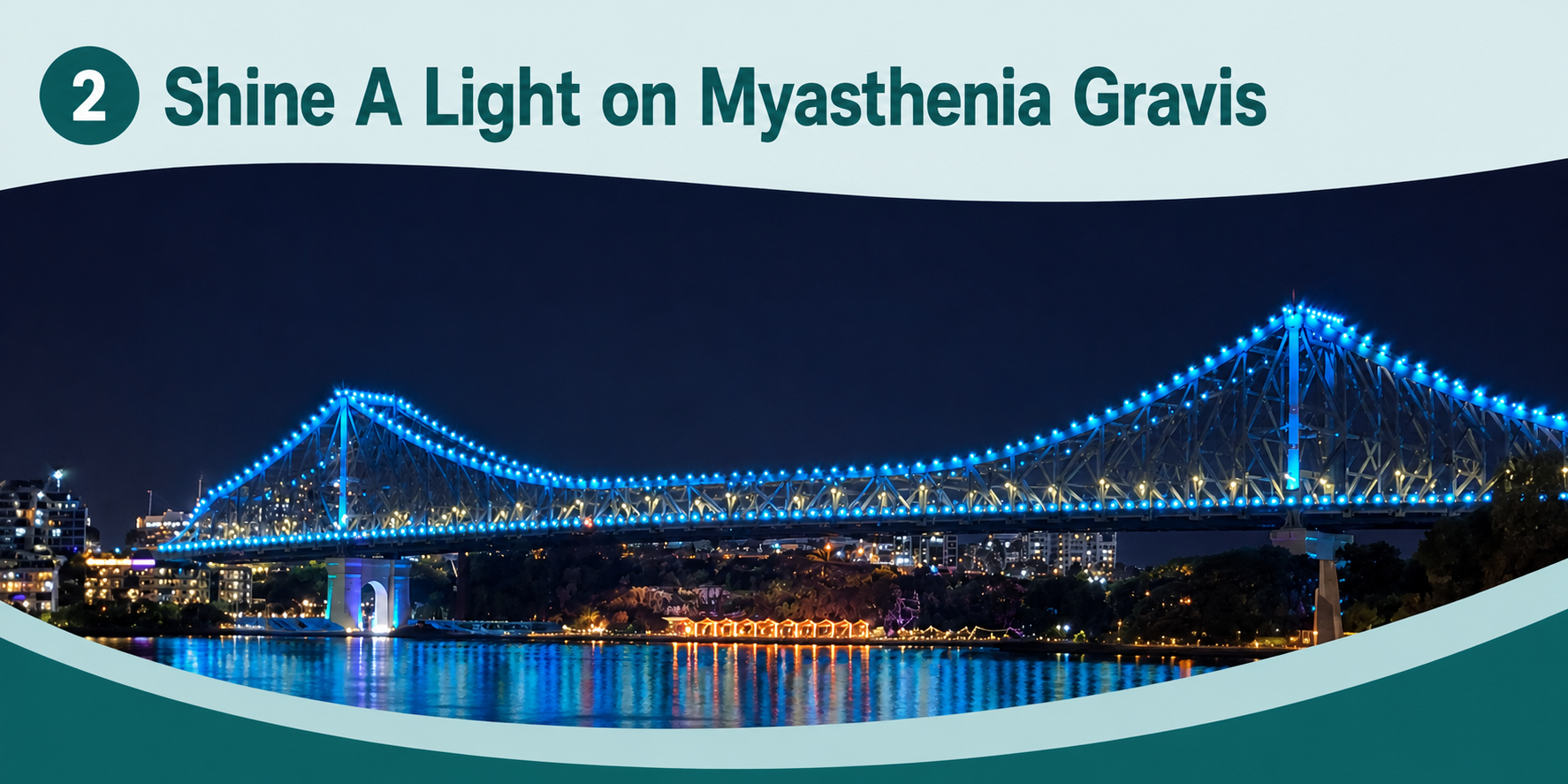 Brisbane Story Bridge illuminated in teal for the Shine A Light on Myasthenia Gravis awareness initiative.