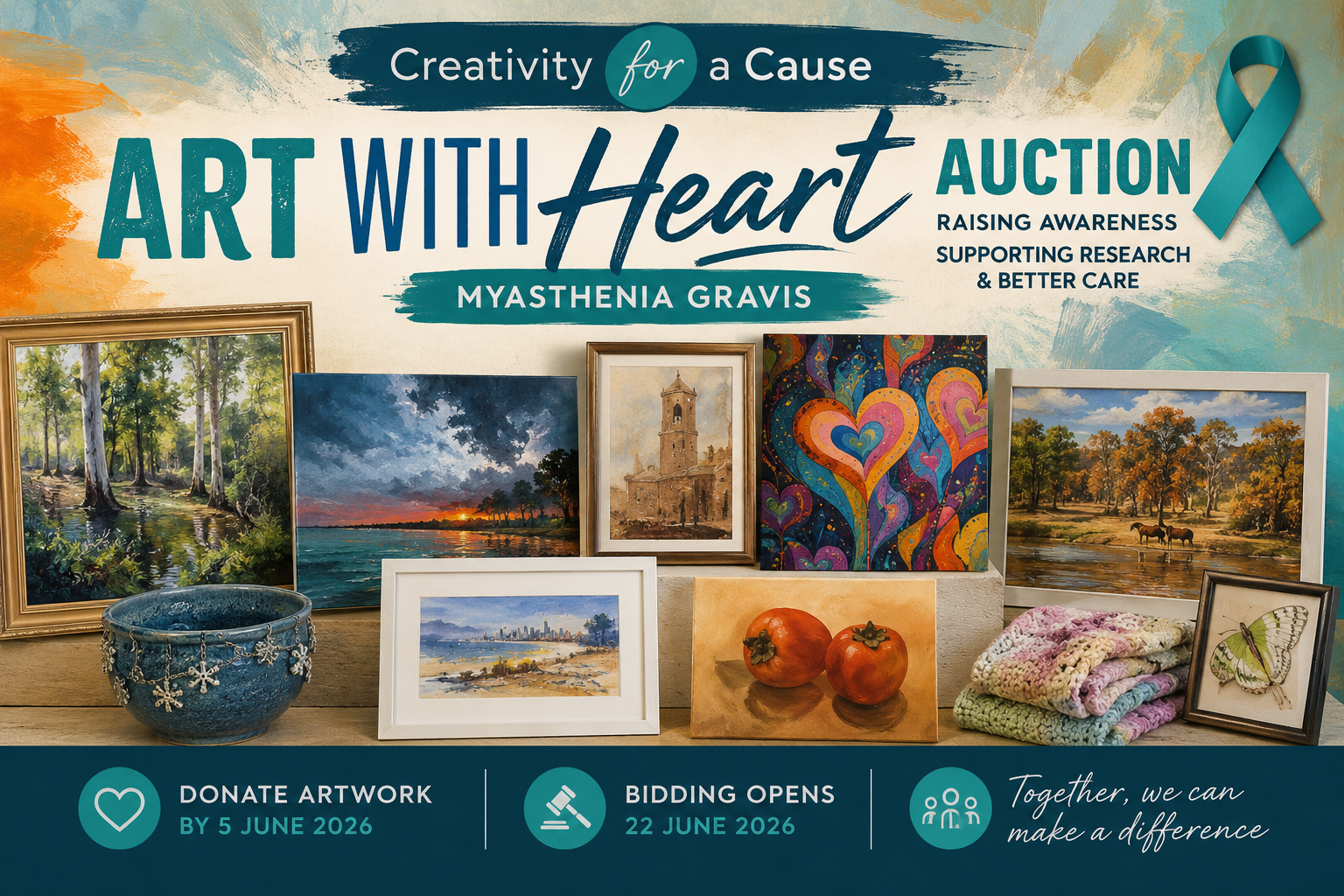 Art With Heart auction graphic featuring donated artwork supporting myasthenia gravis awareness and research