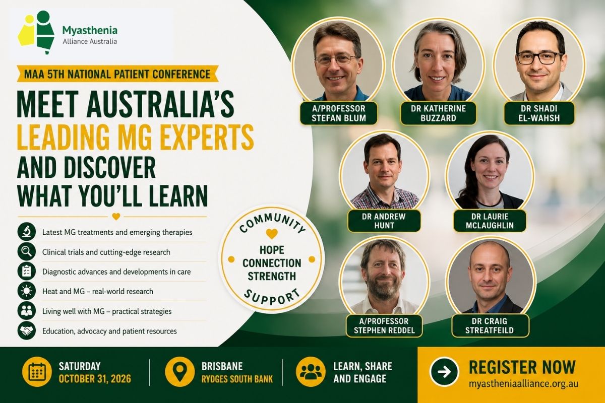 Promotional graphic featuring the expert speaker line-up for the Myasthenia Alliance Australia 5th National Patient Conference in Brisbane.