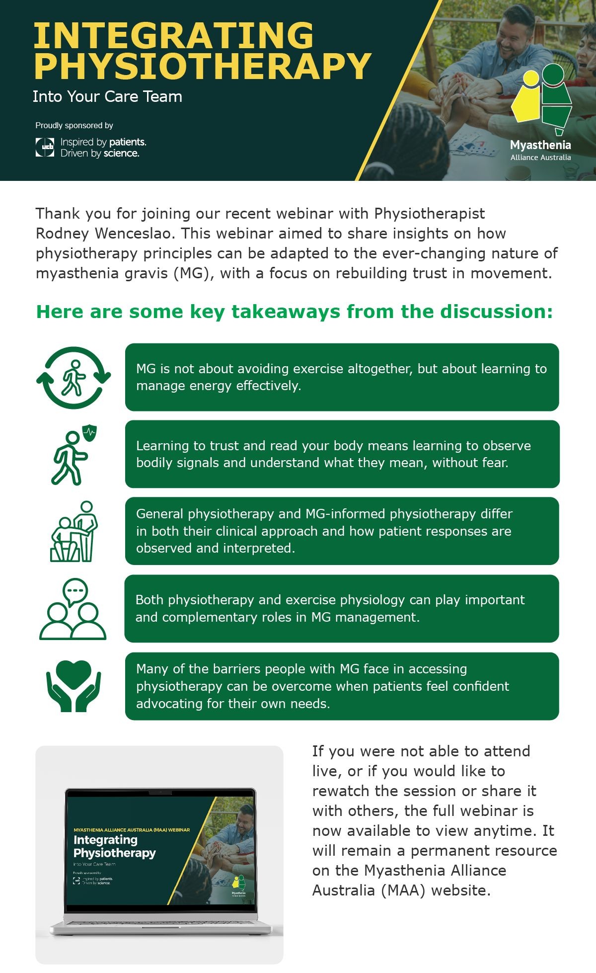 Integrating Physiotherapy into Your Care Team webinar graphic by Myasthenia Alliance Australia