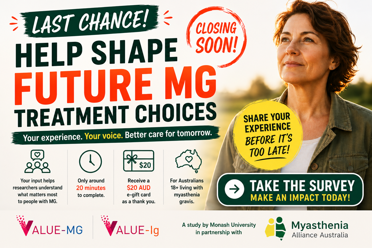 Last chance VALUE-Ig survey banner encouraging Australians living with myasthenia gravis to help shape future MG treatment choices