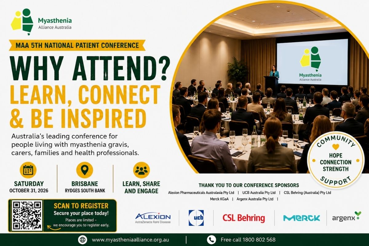 Promotional graphic for the Myasthenia Alliance Australia 5th National Patient Conference, encouraging people living with myasthenia gravis, carers and health professionals to attend the Brisbane conference.