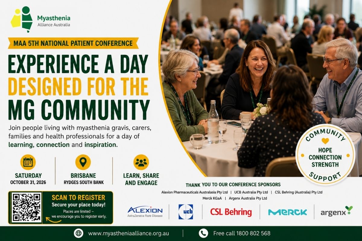 Conference attendees enjoying conversation and connection at the Myasthenia Alliance Australia 5th National Patient Conference in Brisbane.