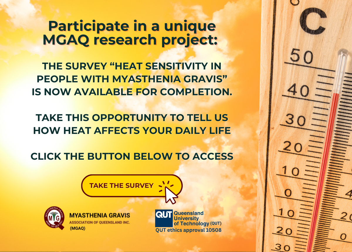 Promotional image inviting people with myasthenia gravis to participate in MGAQ and QUT research exploring heat sensitivity, featuring a thermometer and heat-themed background.