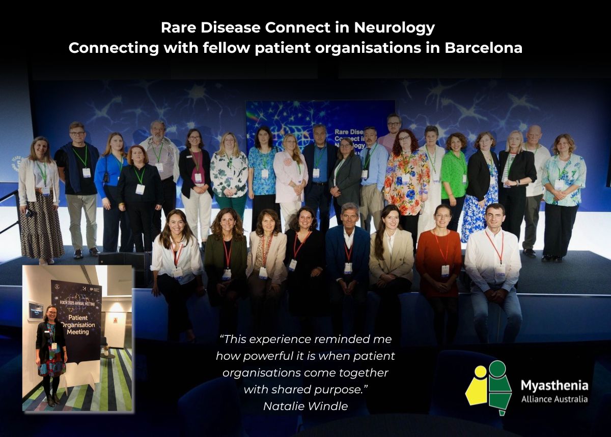 Group photo from the Rare Disease Connect in Neurology meeting in Barcelona with patient organisation representatives, including the Myasthenia Alliance Australia